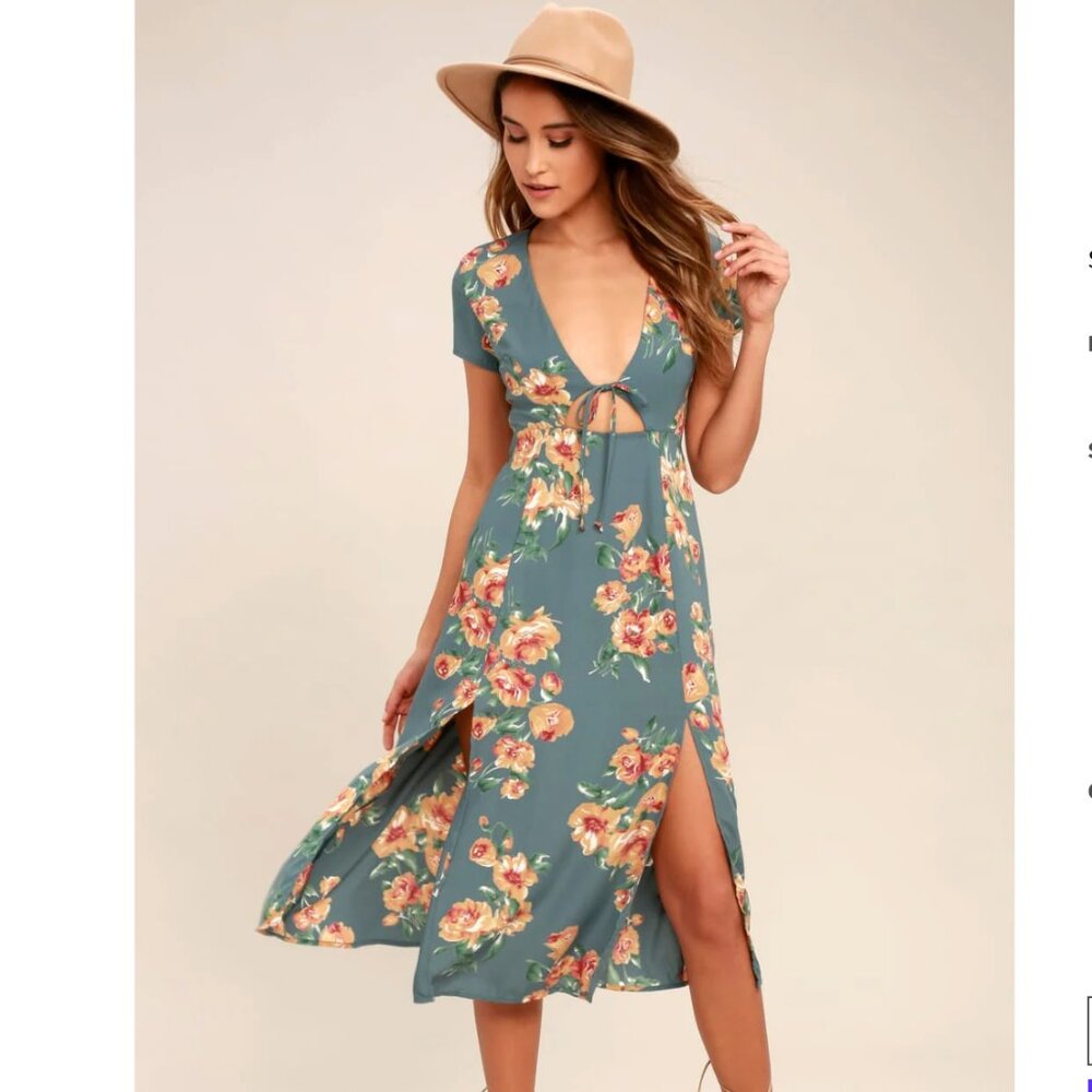 Lulus Best Day Of My Life Dusty Sage Floral Dress Cut Out Tie Waist, Size M